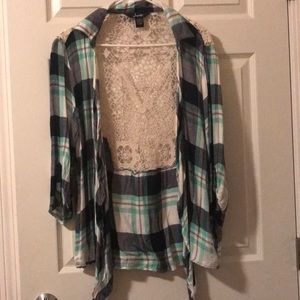 Teal, black and white plaid cardigan